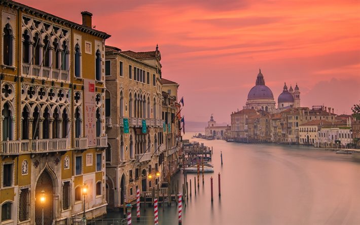 El puente de la accademia, Venecia, Puente de la Accademia, tarde, puesta de sol, paisaje de la ciudad de Venecia, Italia, el Gran Canal
