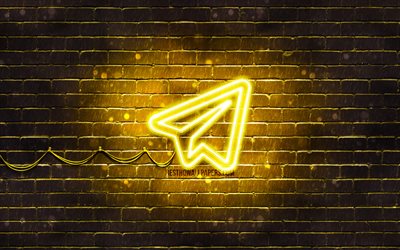 Telegram yellow logo, 4k, yellow brickwall, Telegram logo, social networks, Telegram neon logo, Telegram