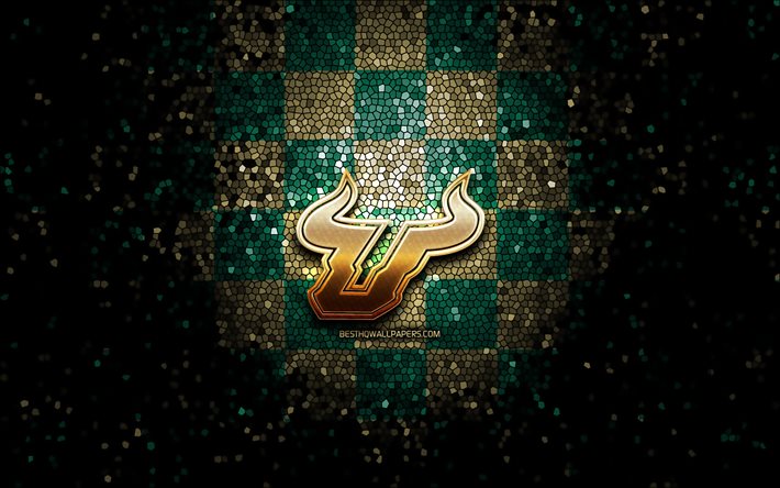 G&#252;ney Florida Bulls, glitter logo, NCAA, yeşil, kahverengi damalı arka plan, ABD, Amerikan futbol takımı, G&#252;ney Florida Bulls logo, mozaik sanatı, Amerikan Futbolu, Amerika