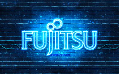 Fujitsu blue logo, 4k, blue brickwall, Fujitsu logo, brands, Fujitsu neon logo, Fujitsu