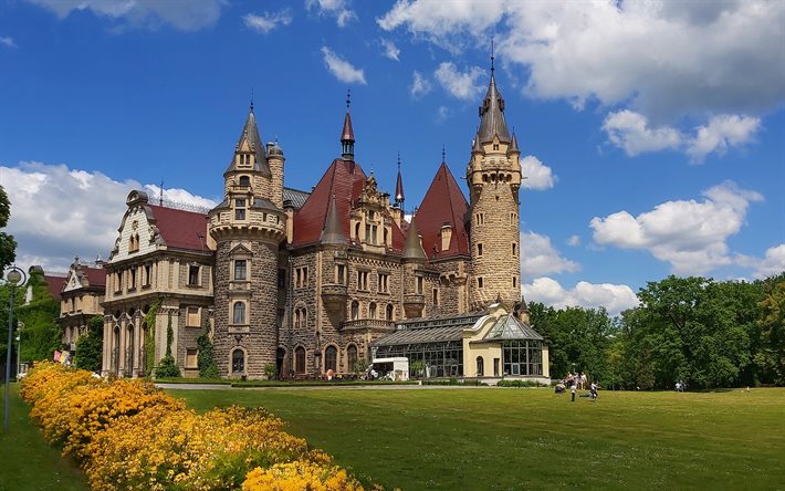 Moszna Castello, storico, castello, estivo, castelli della Polonia, bellissimo castello, in estate, punto di riferimento, Moszna, Polonia
