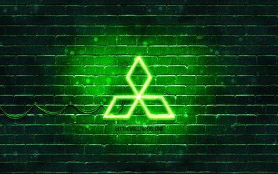 mitsubishi-green-logo, 4k, brickwall green, mitsubishi-logo, autos, marken, mitsubishi neon-logo, mitsubishi
