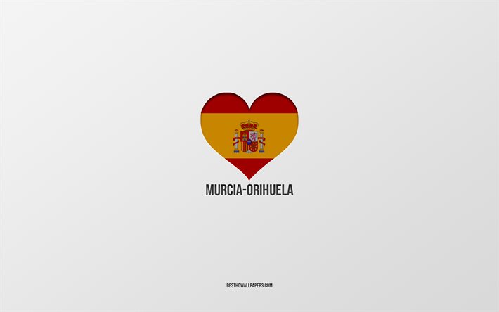 私はムルシア-Orihuela, スペイン都市, グレー背景, スペイン語フラグを中心, ムルシア-Orihuela, スペイン, お気に入りの都市に, 愛のムルシア-Orihuela