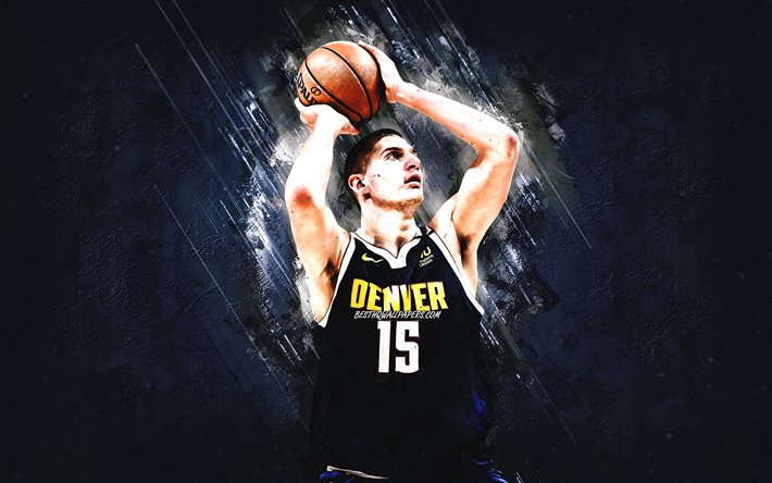 Nikola Jokic, NBA, Denver Nuggets, blue stone background, Serbian Basketball Player, portrait, USA, basketball, Denver Nuggets players