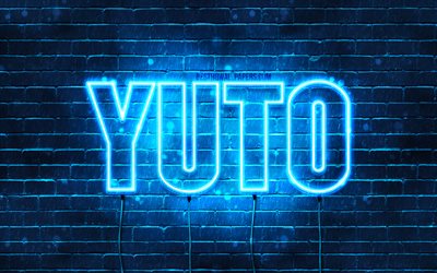 Yuto, 4k, fondos de pantalla con los nombres, el texto horizontal, Yuto nombre, Feliz Cumplea&#241;os Yuto, popular japonesa macho nombres, luces azules de ne&#243;n, imagen con Yuto nombre