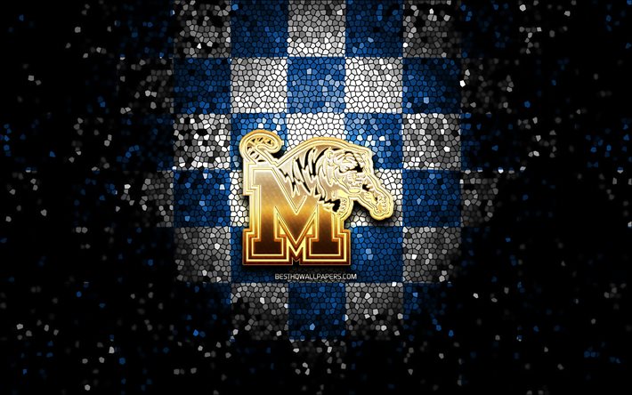 Memphis Tigers, glitter-logo, NCAA, sininen valkoinen ruudullinen tausta, USA, amerikkalainen jalkapallo joukkue, Memphis Tigers logo, mosaiikki taidetta, amerikkalainen jalkapallo, Amerikassa