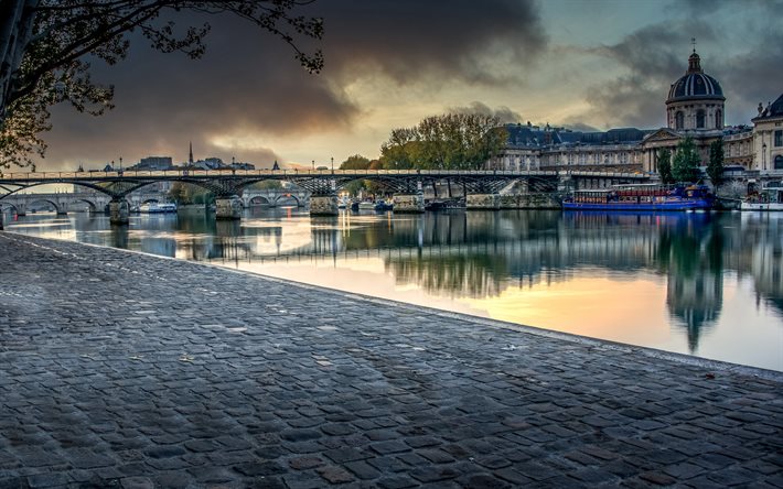 Bridge of Arts, 4k, River Seine, sunset, french cities, France, Europe