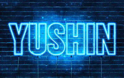 Yushin, 4k, fondos de pantalla con los nombres, el texto horizontal, Yushin nombre, Feliz Cumplea&#241;os Yushin, popular japonesa macho nombres, luces azules de ne&#243;n, imagen con Yushin nombre