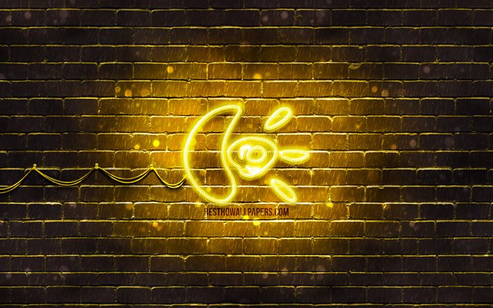 Logitech gul logotyp, 4k, gul brickwall, Logitech-logotypen, varum&#228;rken, Logitech neon logotyp, Logitech