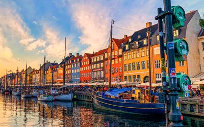 Kopenhag, renkli binalar, rıhtımlar, Danimarka şehirleri, Avrupa, Danimarka