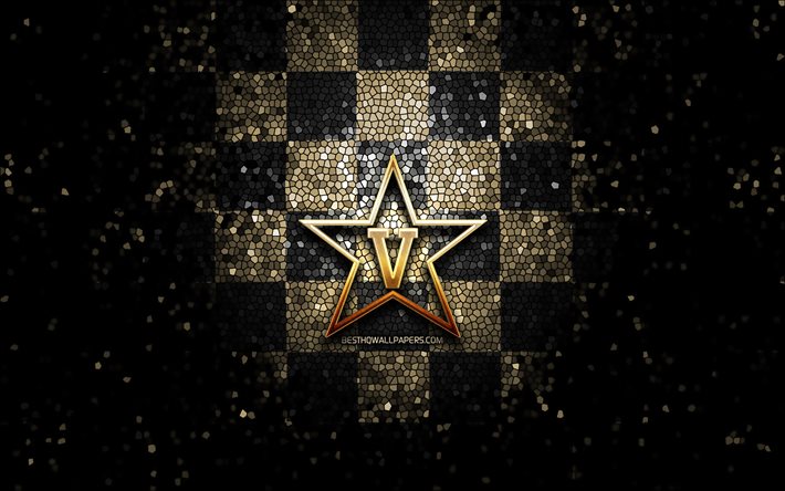 Vanderbilt Commodores, glitter logo, NCAA, black brown checkered background, USA, american football team, Vanderbilt Commodores logo, mosaic art, american football, America
