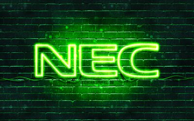 NEC green logo, 4k, green brickwall, NEC logo, brands, NEC neon logo, NEC