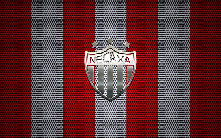 Club Necaxa logo, Mexican football club, metal emblem, red and white metal mesh background, Club Necaxa, Liga MX, Aguascalientes, Mexico, football, Impulsora del Deportivo Necaxa