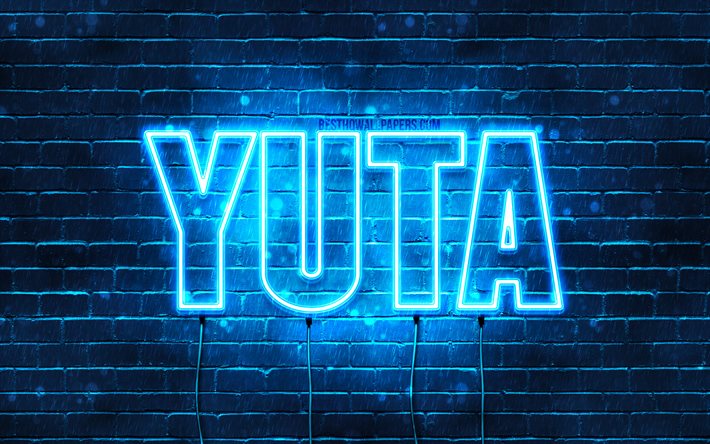 Yuta, 4k, fondos de pantalla con los nombres, el texto horizontal, Yuta nombre, Feliz Cumplea&#241;os Yuta, popular japonesa macho nombres, luces azules de ne&#243;n, la imagen con la Yuta nombre