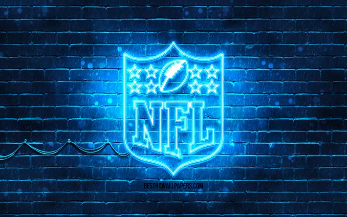NFL logo blu, 4k, blu, brickwall, Lega Nazionale di Football americano, NFL logo, american football league, NFL neon logo NFL