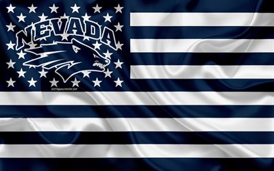 Nevada Wolf Pack, &#233;quipe de football Am&#233;ricain, cr&#233;atrice du drapeau Am&#233;ricain, bleu, blanc, drapeau, NCAA, Reno, Nevada, USA, Nevada Wolf Pack logo, l&#39;embl&#232;me, le drapeau de soie, de football Am&#233;ricain