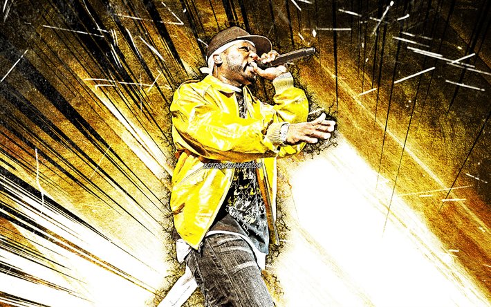 4k, 50 Cent, grunge art, american rapper, music stars, yellow abstract rays, Curtis Jackson, 50 Cent with microphone, american celebrity, creative, 50 Cent 4K