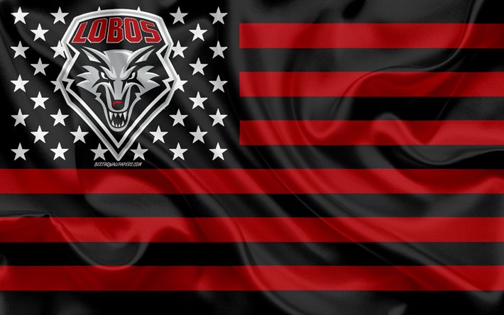 New Mexico Lobos, Amerikan futbol takımı, yaratıcı Amerikan bayrağı, kırmızı, siyah bayrak, NCAA, Albuquerque, New Mexico, AMERİKA Birleşik Devletleri, New Mexico Lobos logo, amblem, ipek bayrak, Amerikan Futbolu