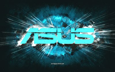 Asus logo, grunge art, blue stone background, Asus blue logo, Asus, creative art, Asus grunge logo