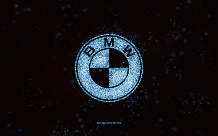 Logo glitter BMW, 4k, sfondo nero, logo BMW, arte glitter blu, BMW, arte creativa, logo glitter blu BMW