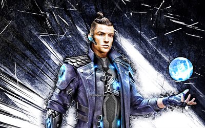 4k, Cristiano Ronaldo Free Fire, blue abstract rays, jeux 2021, Chrono, Free Fire Battlegrounds, Garena Free Fire personnages, Chrono Skin, grunge art, Garena Free Fire, Chrono Free Fire