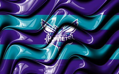 Charlotte Hornets flagga, 4k, violett och bl&#229; 3D v&#229;gor, NBA, amerikanskt basketlag, Charlotte Hornets logotyp, basket, Charlotte Hornets