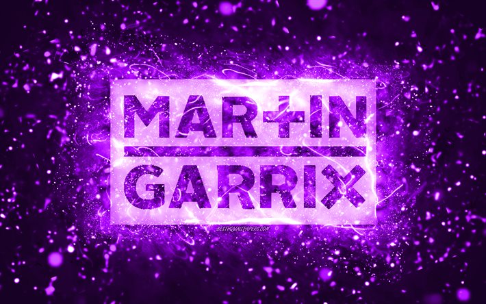 Martin Garrix menekşe logosu, 4k, Hollanda DJ&#39;leri, menekşe neon ışıklar, yaratıcı, menekşe soyut arka plan, Martijn Gerard Garritsen, Martin Garrix logosu, m&#252;zik yıldızları, Martin Garrix