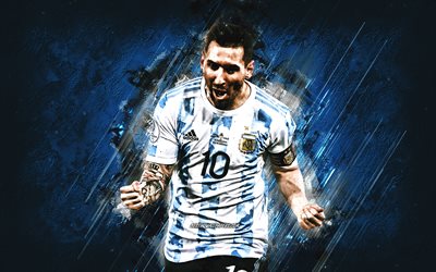 Lionel Messi, Argentiinan jalkapallomaajoukkue, argentiinalainen jalkapalloilija, muotokuva, sininen kivitausta, Messin taide, Argentiina, jalkapallo, Leo Messi