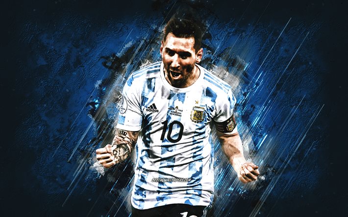 メッシ, アルゼンチン代表サッカーチーム, アルゼンチンのサッカー選手, 縦向き, 青い石の背景, メッシアート, アルゼンチン, フットボール。, レオ・メッシ