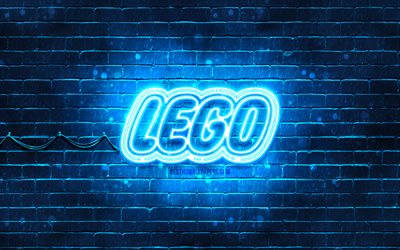 Logo blu LEGO, 4k, muro di mattoni blu, logo LEGO, marchi, logo al neon LEGO, LEGO