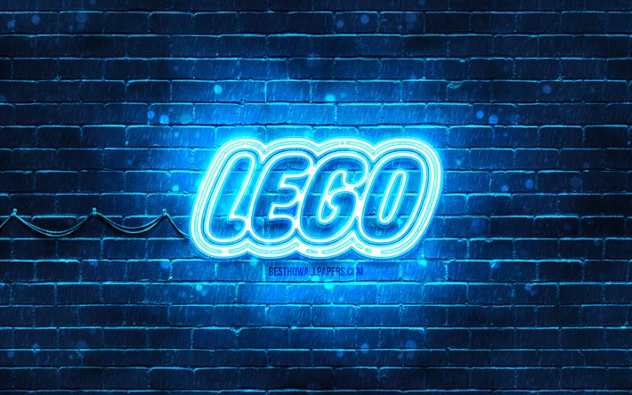 LEGO sininen logo, 4k, sininen tiilisein&#228;, LEGO logo, tuotemerkit, LEGO neonlogo, LEGO
