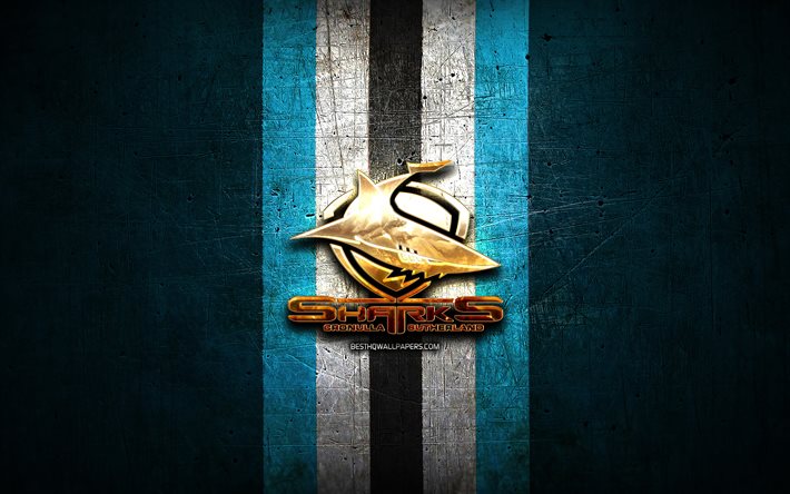 cronulla sharks, goldenes logo, national rugby league, blauer metallhintergrund, australischer rugby-club, cronulla sharks-logo, rugby, nrl