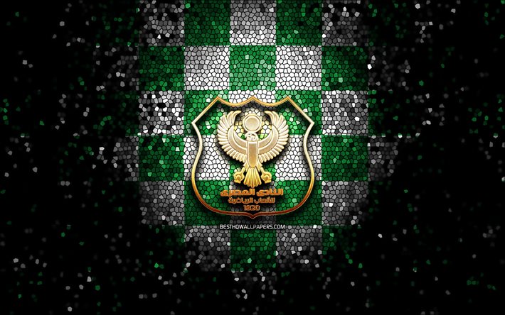 Al Masry SC, glitter logo, Egyptin Valioliiga, vihre&#228; valkoinen tammettu tausta, EPL, jalkapallo, Egyptin jalkapalloseura, Al Masry SC logo, mosaiikki taide, Al Masry FC