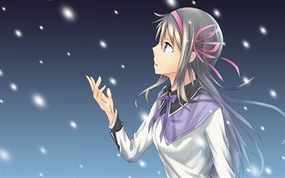 4k, Homura Akemi, snowfall, The Puella Magi, manga, protagonist, minimalism, Akemi Homura, Homura Akemi Puella Magi