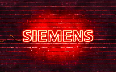 Siemens red logo, 4k, red brickwall, Siemens logo, brands, Siemens neon logo, Siemens