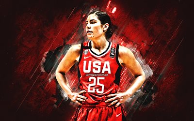 Kelsey Plum, USA national basketball team, USA, American basketball player, portrait, United States Basketball team, red stone background