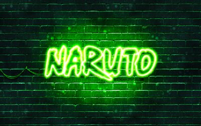 Logotipo verde Naruto, 4k, parede de tijolos verdes, logotipo Naruto, mang&#225;, logotipo neon naruto, Naruto