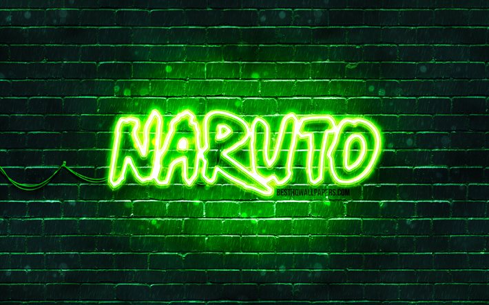 Logo verde Naruto, 4k, muro di mattoni verde, logo Naruto, manga, logo al neon Naruto, Naruto