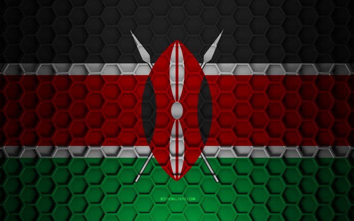 Drapeau du Kenya, texture hexagones 3D, Kenya, texture 3D, drapeau 3D du Kenya, texture m&#233;tallique, drapeau du Kenya