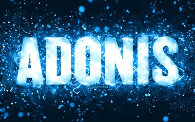 Joyeux anniversaire Adonis, 4k, n&#233;ons bleus, nom Adonis, cr&#233;atif, Adonis Joyeux anniversaire, Emerson anniversaire, noms masculins am&#233;ricains populaires, photo avec le nom Adonis, Adonis