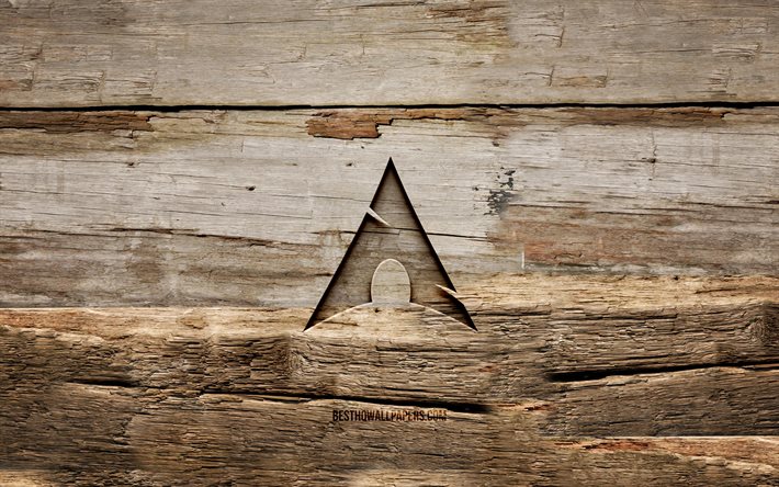 Arch Linux wooden logo, 4K, Linux, wooden backgrounds, OS, Arch Linux logo, creative, wood carving, Arch Linux