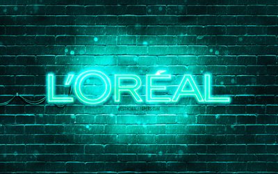 Logo Loreal turquoise, 4k, mur de briques turquoise, logo Loreal, marques, logo n&#233;on Loreal, Loreal