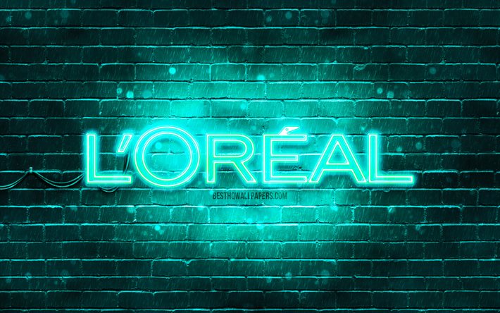 Logo Loreal turquoise, 4k, mur de briques turquoise, logo Loreal, marques, logo n&#233;on Loreal, Loreal