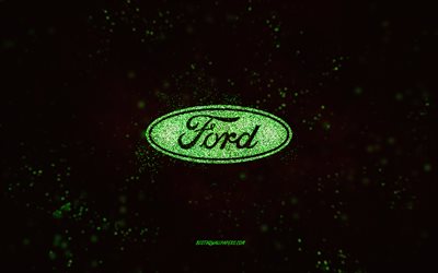 Logo de paillettes Ford, 4k, fond noir, logo Ford, art de paillettes vertes, Ford, art cr&#233;atif, logo de paillettes vertes Ford
