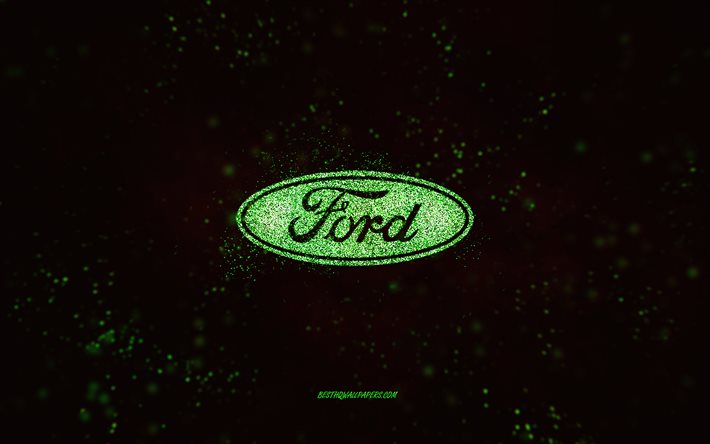 Ford parıltılı logo, 4k, siyah arka plan, Ford logosu, yeşil parıltılı sanat, Ford, yaratıcı sanat, Ford yeşil parıltılı logo