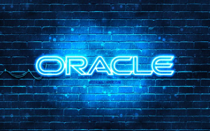 Oracle logo blu, 4k, muro di mattoni blu, logo Oracle, marchi, logo Oracle neon, Oracle