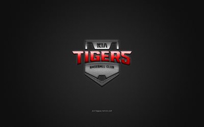KIA Tigers, club di baseball sudcoreano, KBO League, logo rosso, sfondo grigio in fibra di carbonio, baseball, Gwangju, Corea del Sud, logo KIA Tigers
