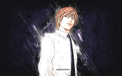 Light Yagami, Death Note, Japanese manga, grunge art, Death Note characters, Death Note protagonist, Light Yagami character, blue stone background