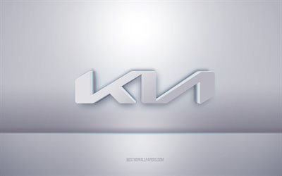 Logo blanc Kia 3d, fond gris, logo Kia, art 3d cr&#233;atif, Kia, embl&#232;me 3d