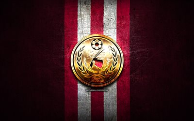 Al-Markhiya FC, logotipo dourado, QSL, fundo de metal roxo, futebol, Al Markhiya, clube de futebol do Catar, logotipo Al-Markhiya SC, Al-Markhiya SC
